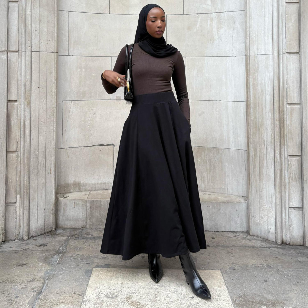 Cotton Jersey Maxi A-Line Skirt - Black